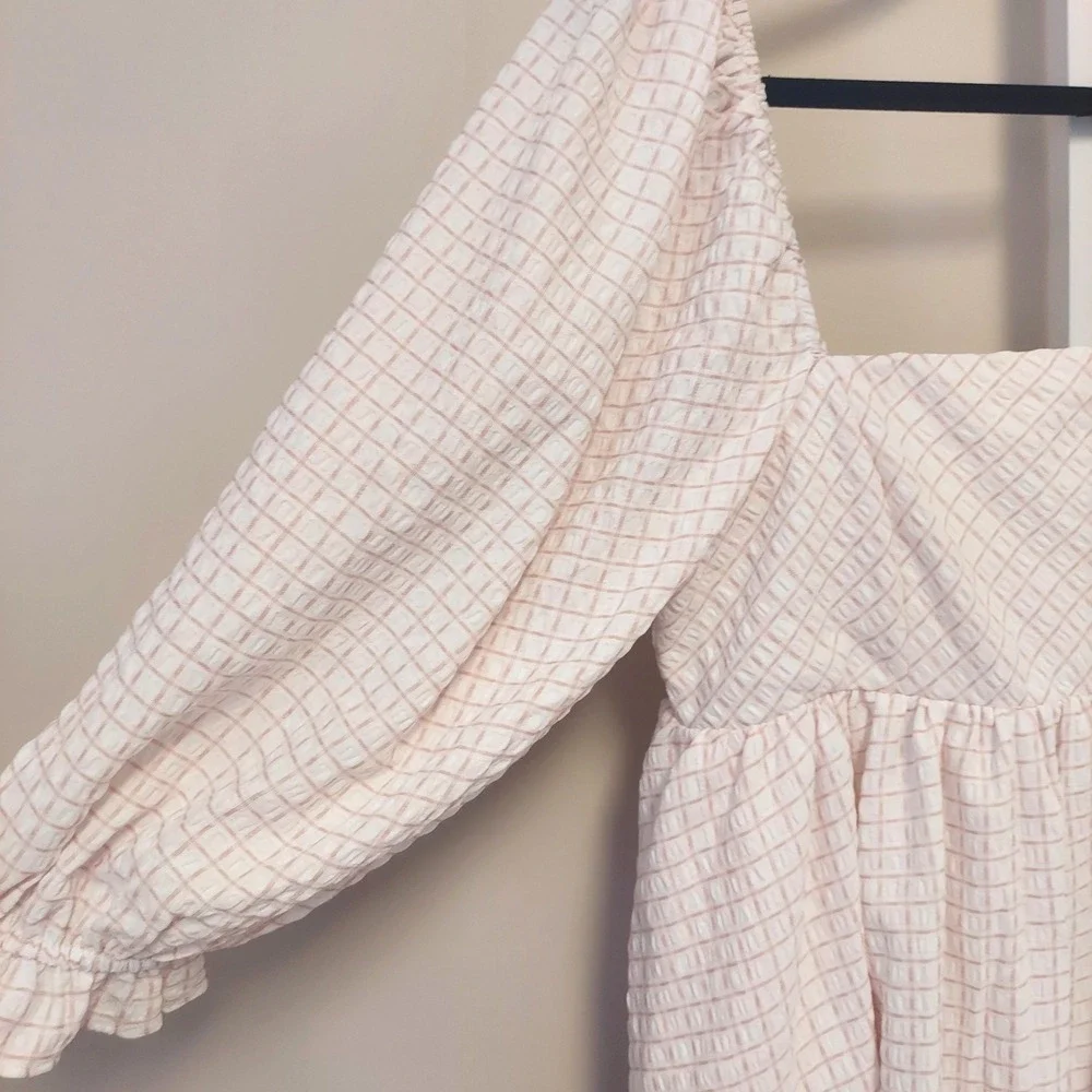Storia Pink White Puff‎ Sleeve Babydoll Mini Dress Square Neck L Coquette Preppy